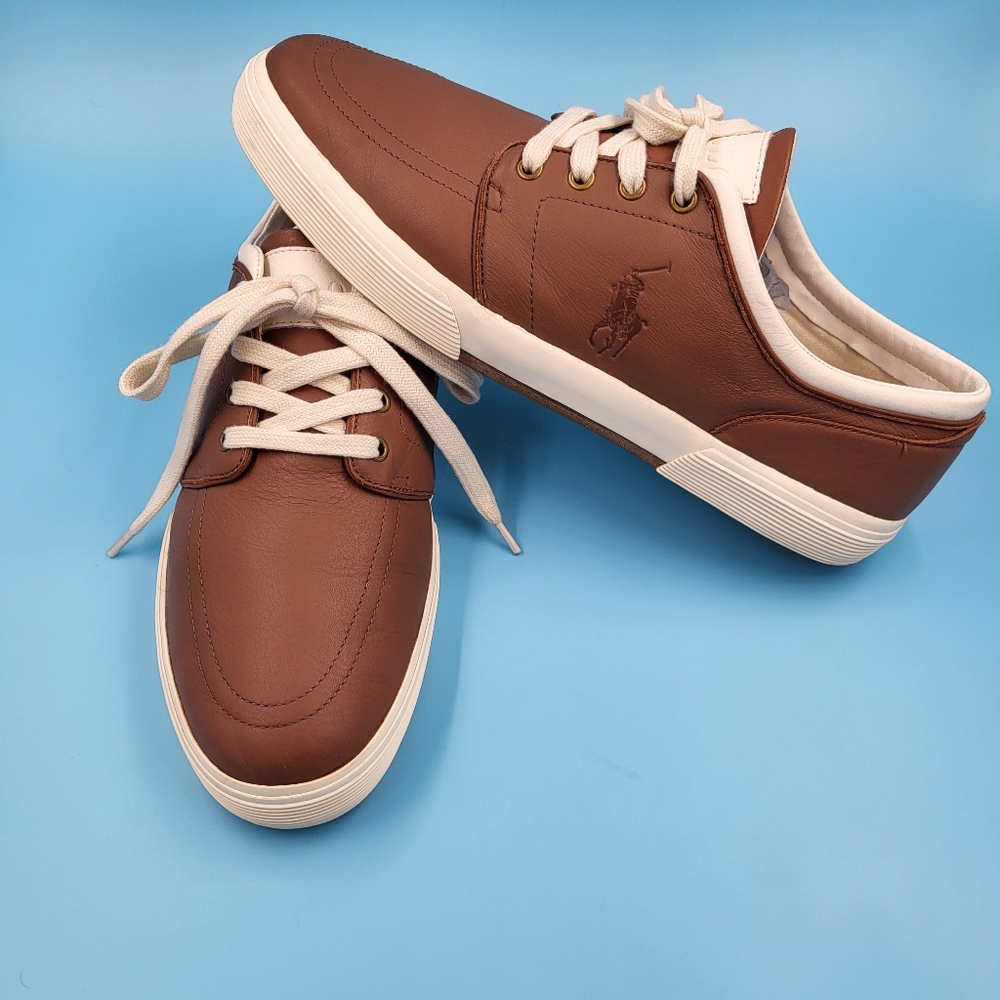 Mens Polo Ralph Lauren Tan Leather Faxon Low Top Boat Shoes Sneakers EUC sz 14 D